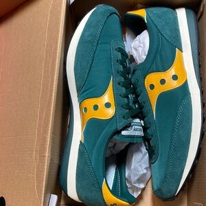 Saucony Trainer 80 Unisex Men's 11 Womens 12.5 Teal & Mustard Sneakers VTG Feel